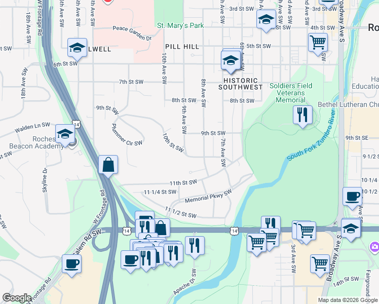 map of restaurants, bars, coffee shops, grocery stores, and more near 836 10th Street Southwest in Rochester