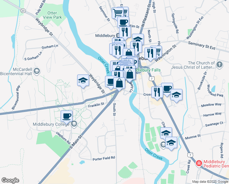 map of restaurants, bars, coffee shops, grocery stores, and more near Route 125 in Addison County