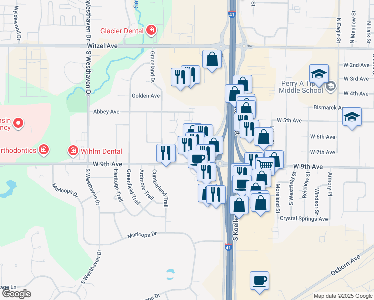 map of restaurants, bars, coffee shops, grocery stores, and more near 2160 West 9th Avenue in Oshkosh