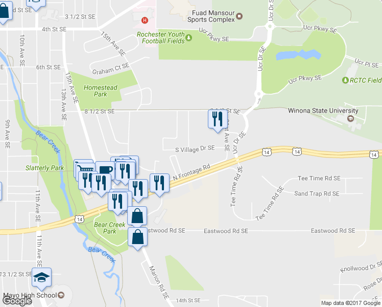 map of restaurants, bars, coffee shops, grocery stores, and more near 1902 South Village Drive Southeast in Rochester