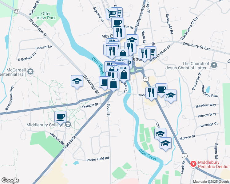 map of restaurants, bars, coffee shops, grocery stores, and more near 89 Main Street in Middlebury