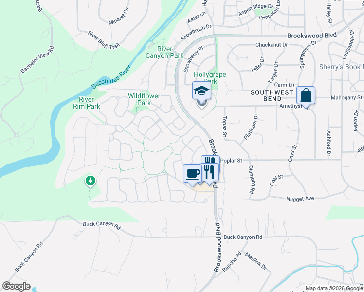 map of restaurants, bars, coffee shops, grocery stores, and more near 60959 Woods Valley Place in Bend