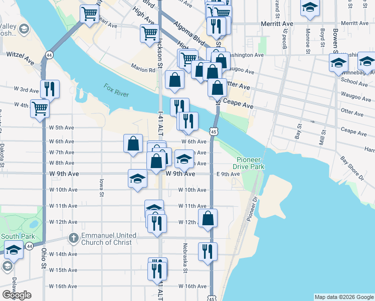map of restaurants, bars, coffee shops, grocery stores, and more near 50 West 7th Avenue in Oshkosh