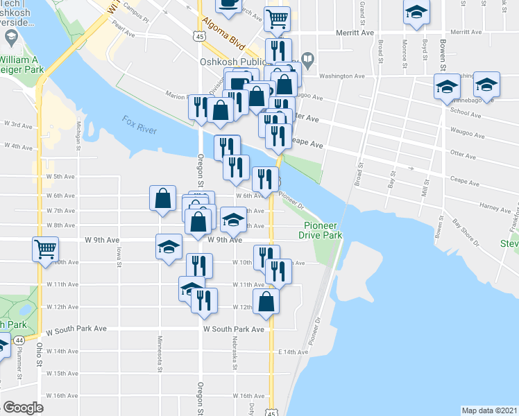 map of restaurants, bars, coffee shops, grocery stores, and more near 34 West 7th Avenue in Oshkosh