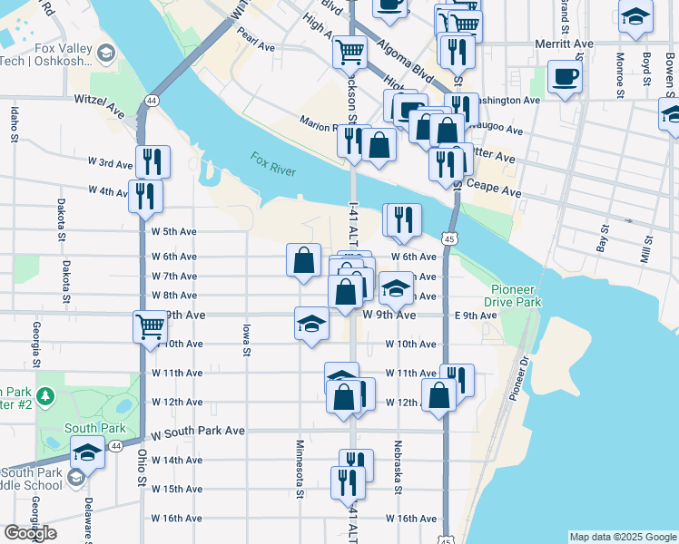 map of restaurants, bars, coffee shops, grocery stores, and more near 226 West 7th Avenue in Oshkosh