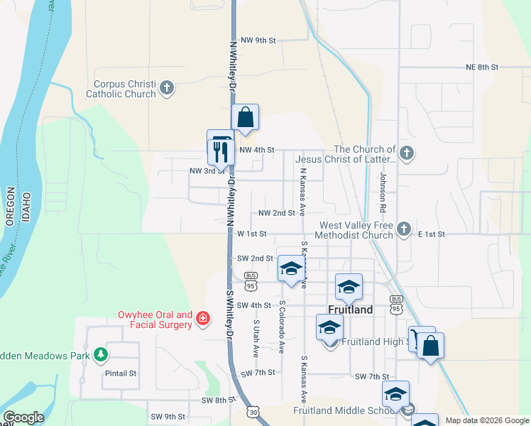 map of restaurants, bars, coffee shops, grocery stores, and more near 616 Northwest 2nd Street in Fruitland