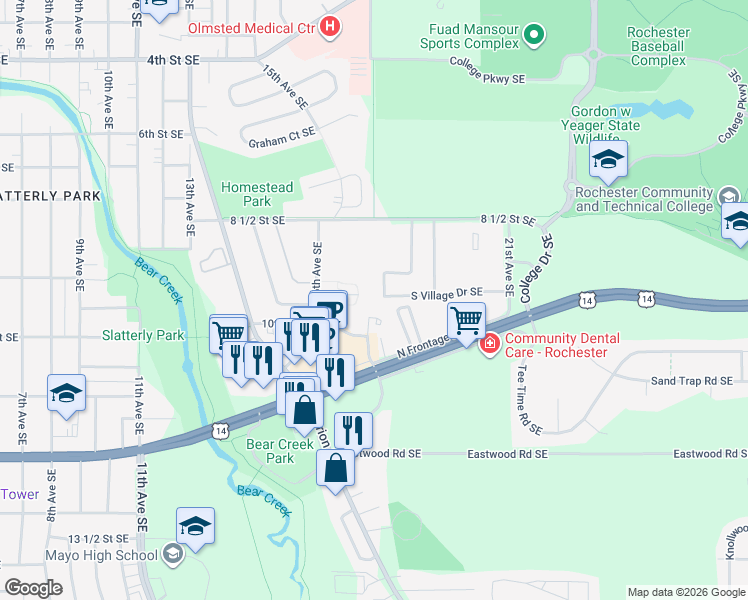 map of restaurants, bars, coffee shops, grocery stores, and more near 1701 10th Street Southeast in Rochester