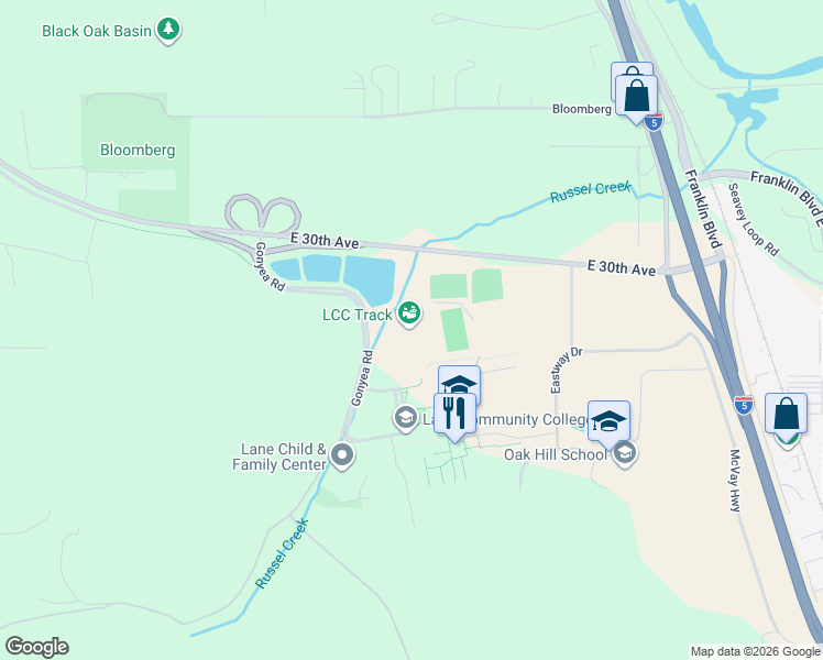 map of restaurants, bars, coffee shops, grocery stores, and more near 4000 East 30th Avenue in Eugene