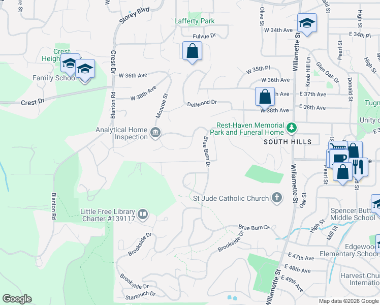 map of restaurants, bars, coffee shops, grocery stores, and more near 575 West 40th Avenue in Eugene