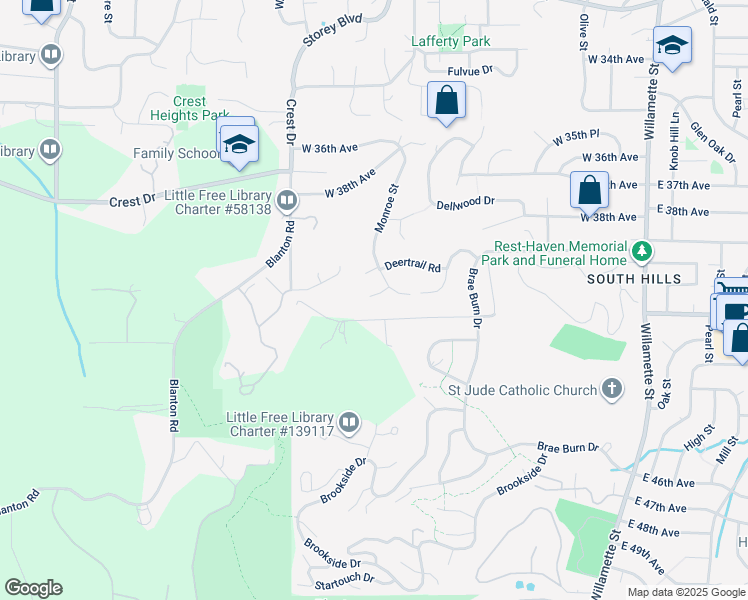map of restaurants, bars, coffee shops, grocery stores, and more near 701 West 40th Avenue in Eugene