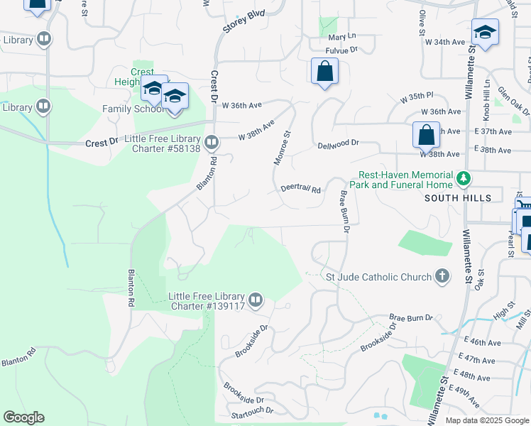 map of restaurants, bars, coffee shops, grocery stores, and more near 765 West 40th Avenue in Eugene