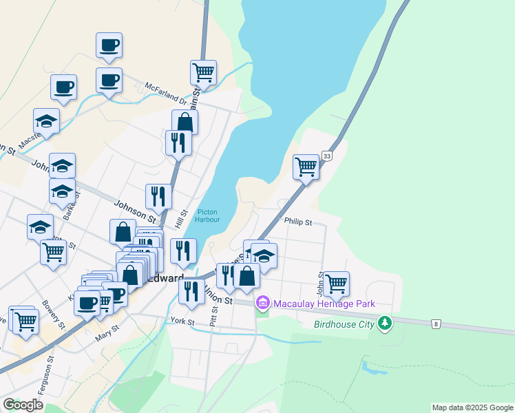 map of restaurants, bars, coffee shops, grocery stores, and more near 95 Bridge Street in Prince Edward