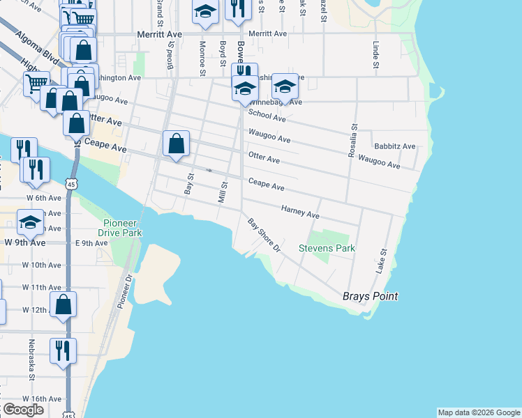 map of restaurants, bars, coffee shops, grocery stores, and more near 807 Bay Shore Drive in Oshkosh