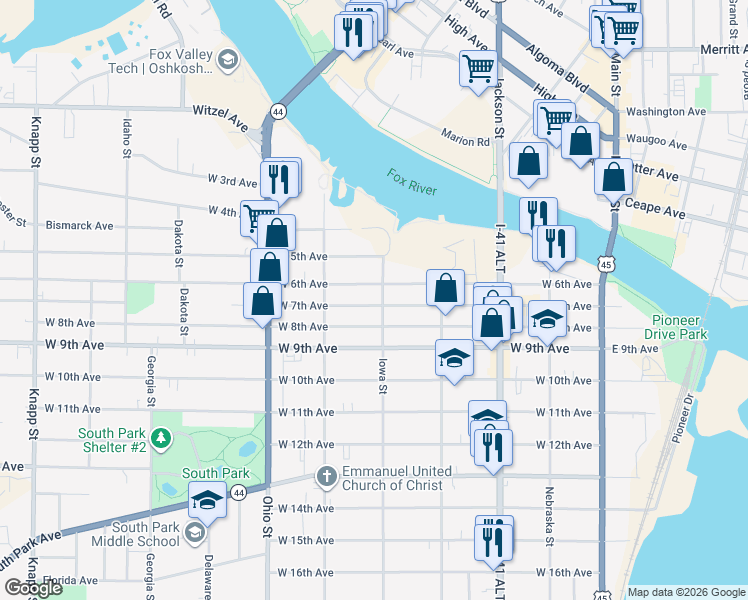 map of restaurants, bars, coffee shops, grocery stores, and more near 421 West 7th Avenue in Oshkosh