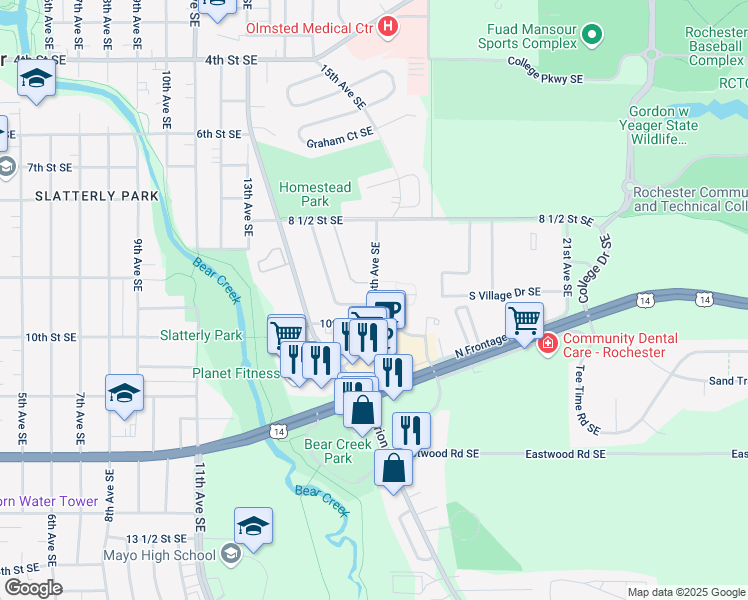 map of restaurants, bars, coffee shops, grocery stores, and more near 1609 10th Street Southeast in Rochester