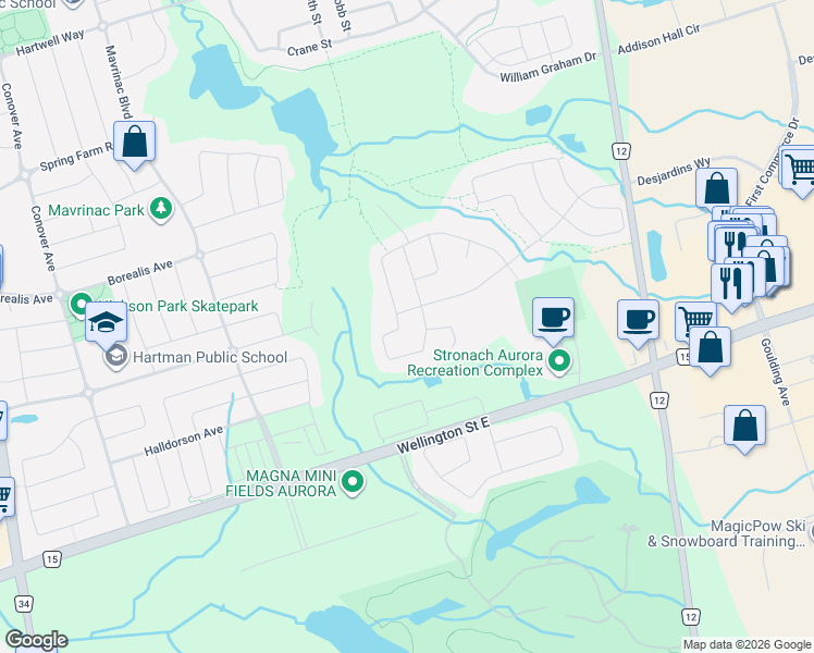 map of restaurants, bars, coffee shops, grocery stores, and more near 3 Hamster Crescent in Aurora