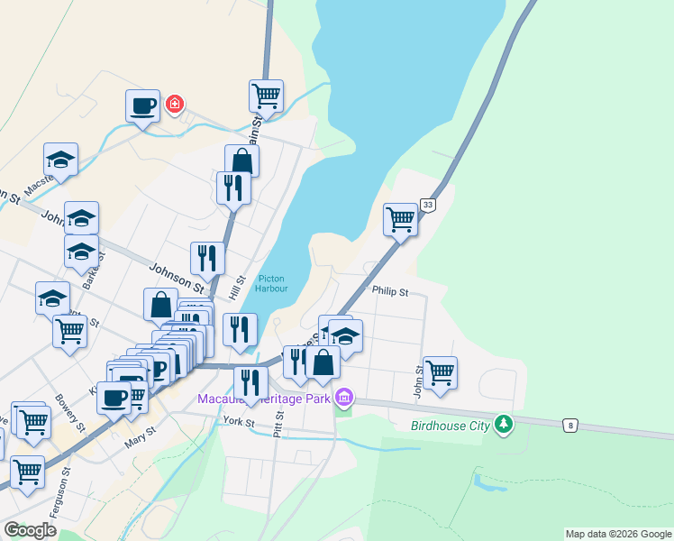 map of restaurants, bars, coffee shops, grocery stores, and more near 95 Bridge Street in Prince Edward