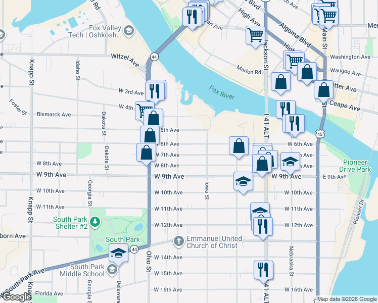 map of restaurants, bars, coffee shops, grocery stores, and more near 457 West 7th Avenue in Oshkosh