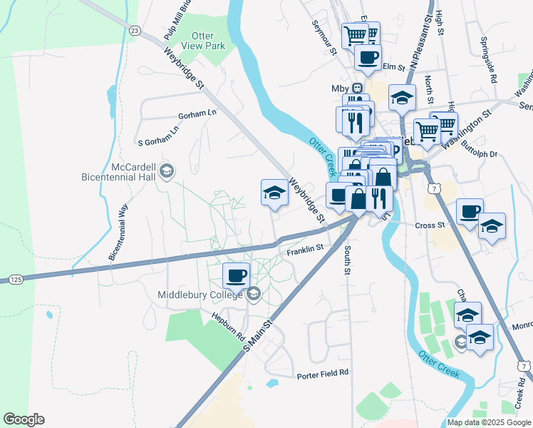 map of restaurants, bars, coffee shops, grocery stores, and more near Shannon Street in Middlebury