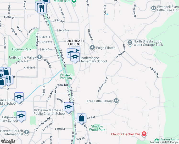 map of restaurants, bars, coffee shops, grocery stores, and more near 3987 Onyx Street in Eugene