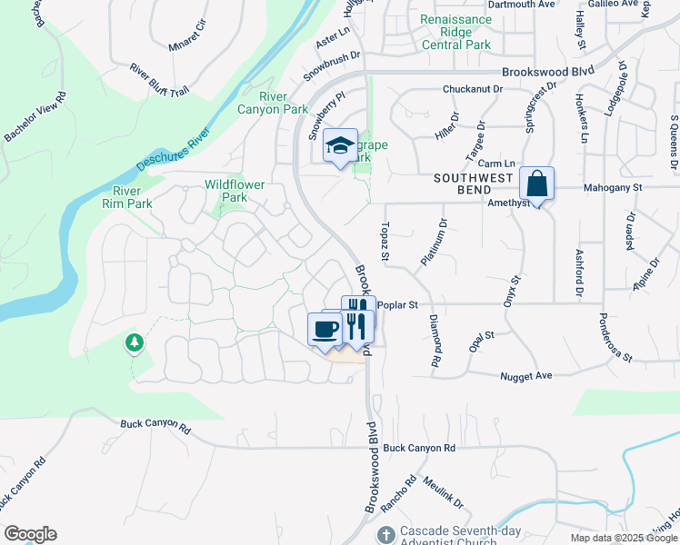 map of restaurants, bars, coffee shops, grocery stores, and more near 19557 Sager Loop in Bend
