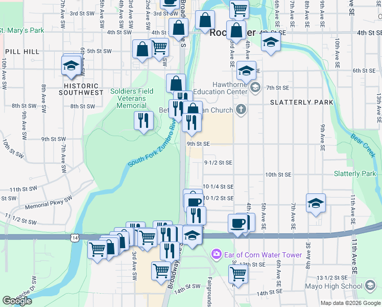map of restaurants, bars, coffee shops, grocery stores, and more near 922 South Broadway in Rochester