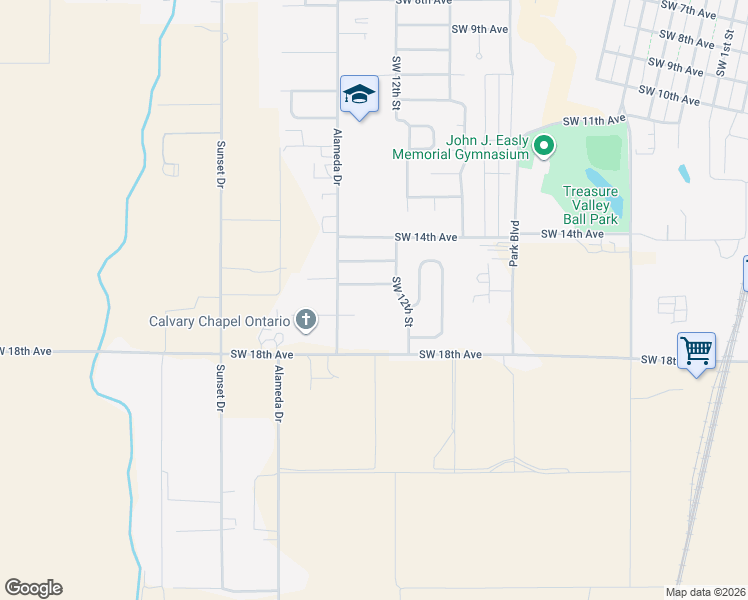 map of restaurants, bars, coffee shops, grocery stores, and more near 1712 Alameda Drive in Ontario