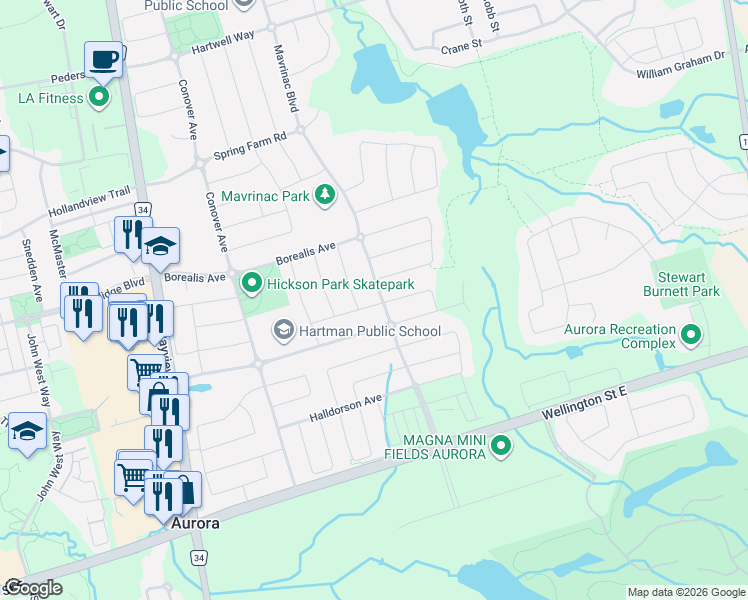 map of restaurants, bars, coffee shops, grocery stores, and more near 152 Mavrinac Boulevard in Aurora