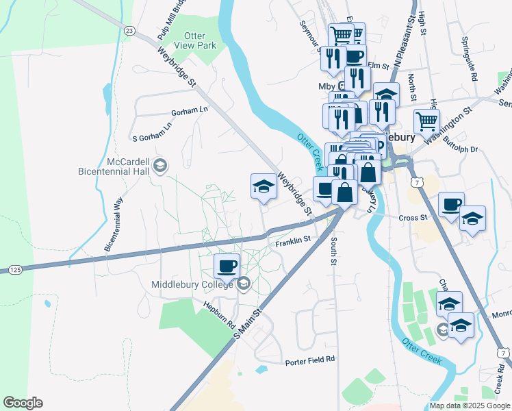 map of restaurants, bars, coffee shops, grocery stores, and more near Shannon Street in Middlebury