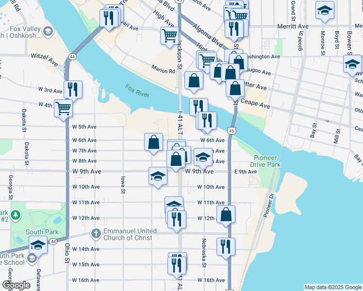 map of restaurants, bars, coffee shops, grocery stores, and more near 139 West 7th Avenue in Oshkosh