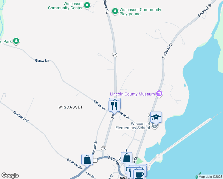 map of restaurants, bars, coffee shops, grocery stores, and more near 104 Churchill Street in Wiscasset