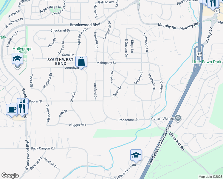 map of restaurants, bars, coffee shops, grocery stores, and more near 60897 Alpine Drive in Bend