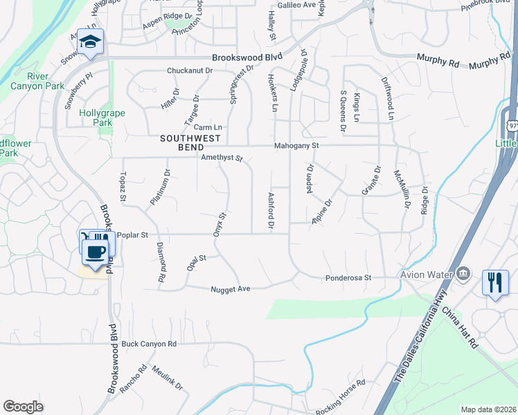 map of restaurants, bars, coffee shops, grocery stores, and more near 60898 Amethyst Street in Bend