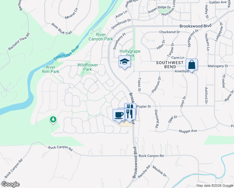 map of restaurants, bars, coffee shops, grocery stores, and more near 60959 Woods Valley Place in Bend