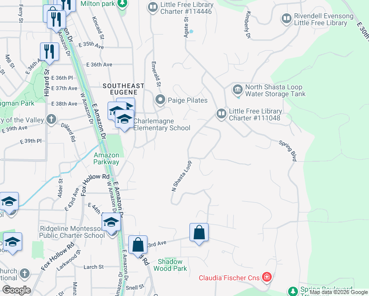 map of restaurants, bars, coffee shops, grocery stores, and more near 3986 North Shasta Loop in Eugene