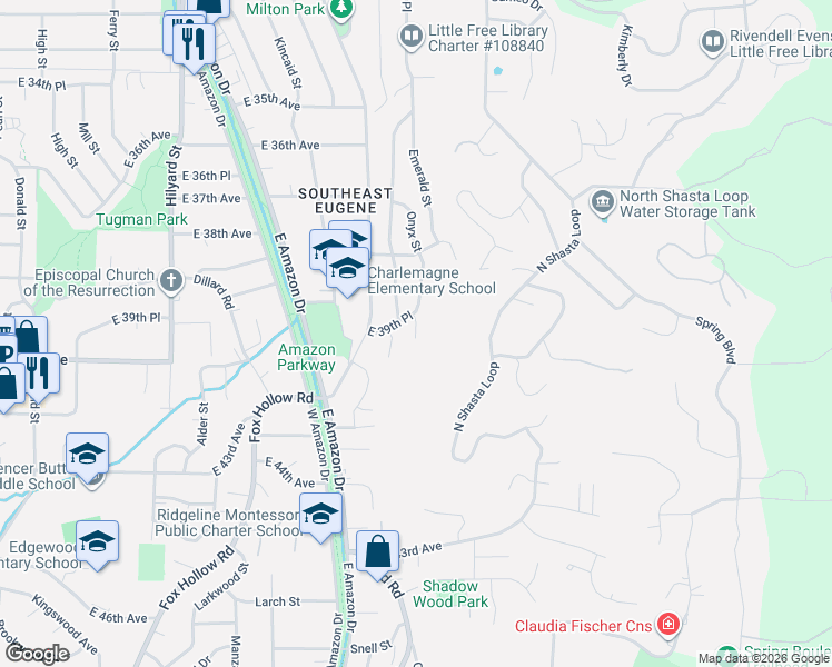 map of restaurants, bars, coffee shops, grocery stores, and more near 3983 Onyx Street in Eugene