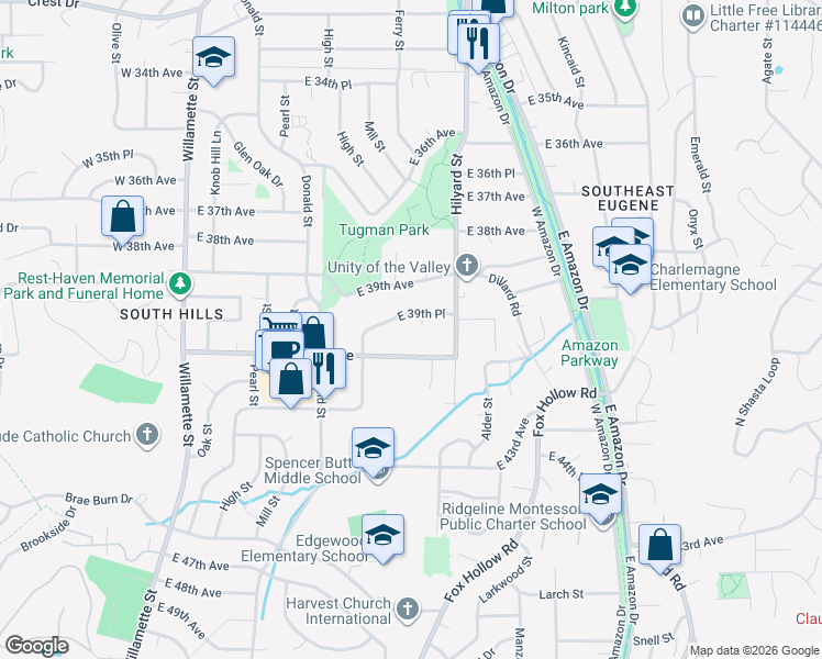 map of restaurants, bars, coffee shops, grocery stores, and more near 535 East 40th Avenue in Eugene