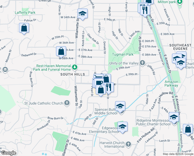 map of restaurants, bars, coffee shops, grocery stores, and more near 3990 Mill Street in Eugene