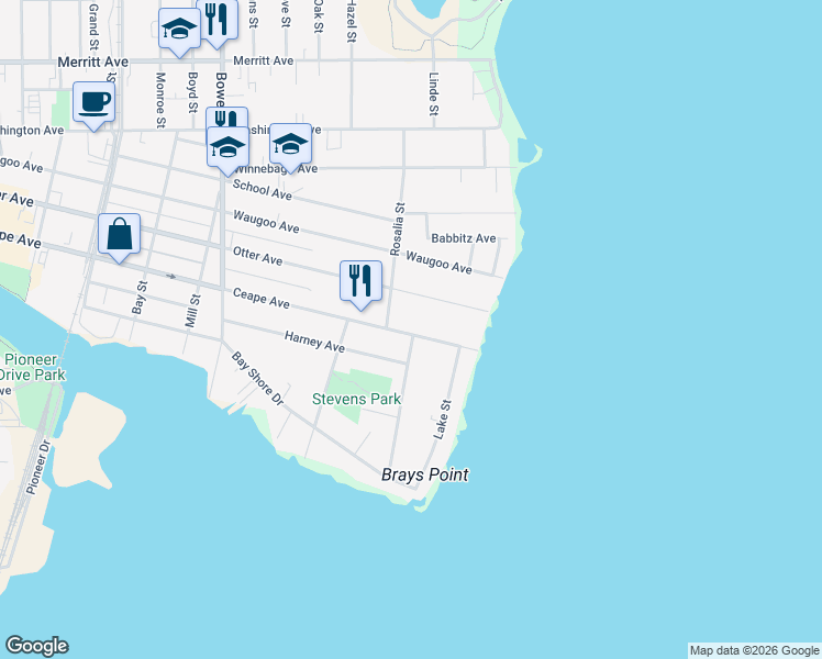 map of restaurants, bars, coffee shops, grocery stores, and more near 1337 Ceape Avenue in Oshkosh