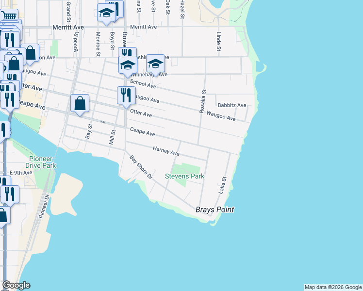 map of restaurants, bars, coffee shops, grocery stores, and more near 1213 Harney Avenue in Oshkosh