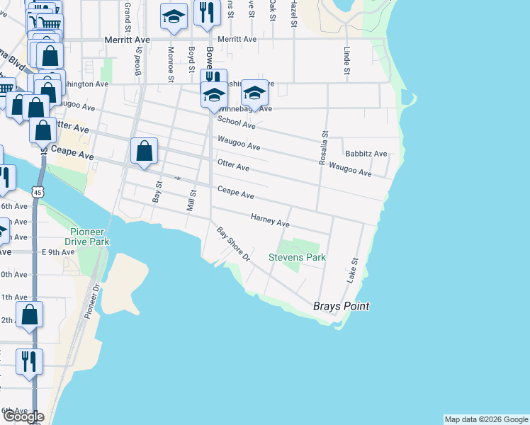 map of restaurants, bars, coffee shops, grocery stores, and more near 1107 Harney Avenue in Oshkosh