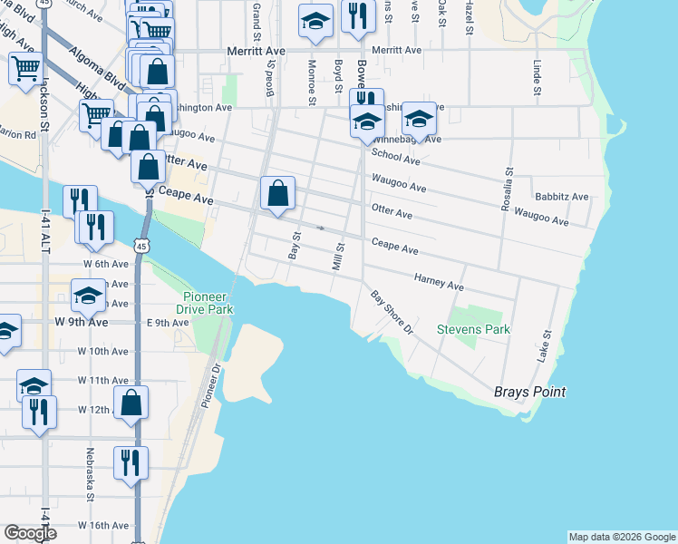 map of restaurants, bars, coffee shops, grocery stores, and more near 711 Bay Shore Drive in Oshkosh