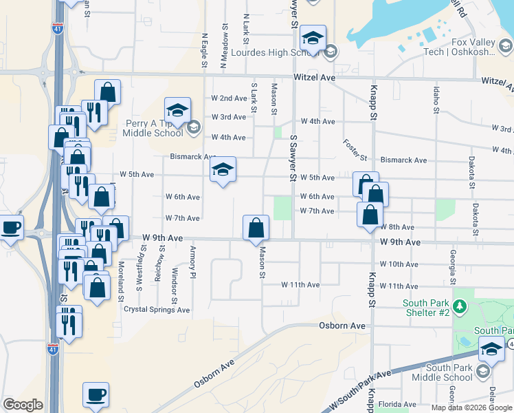map of restaurants, bars, coffee shops, grocery stores, and more near 714 Mason Street in Oshkosh