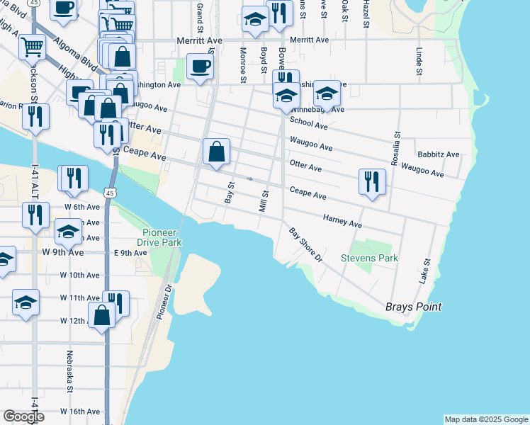 map of restaurants, bars, coffee shops, grocery stores, and more near 704 Bay Shore Drive in Oshkosh