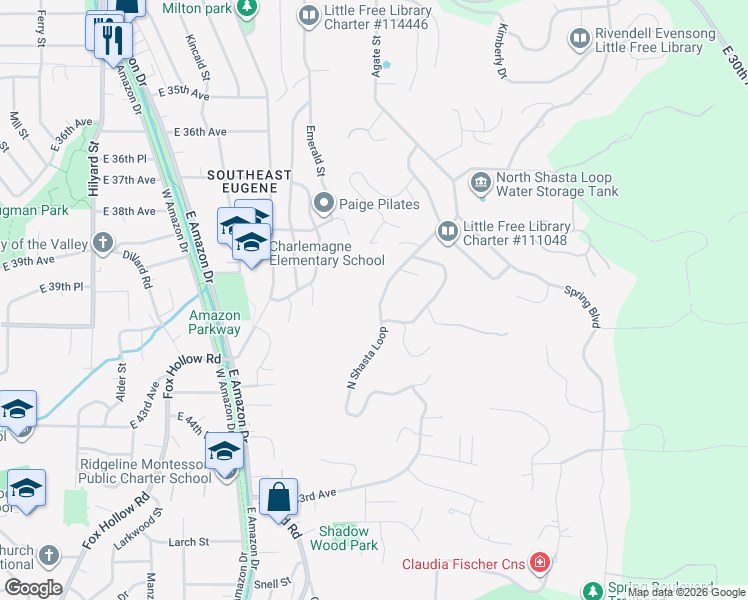 map of restaurants, bars, coffee shops, grocery stores, and more near 3986 North Shasta Loop in Eugene