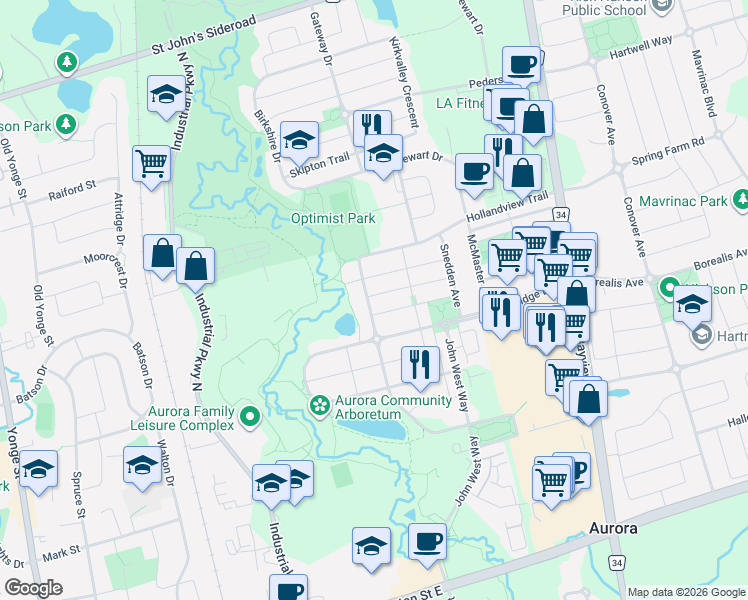 map of restaurants, bars, coffee shops, grocery stores, and more near 1 Ostick Street in Aurora