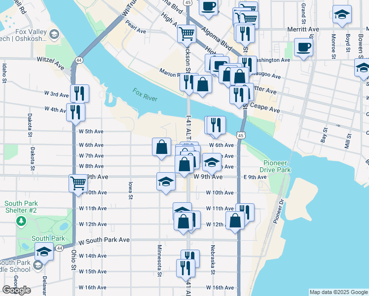 map of restaurants, bars, coffee shops, grocery stores, and more near 221 West 7th Avenue in Oshkosh