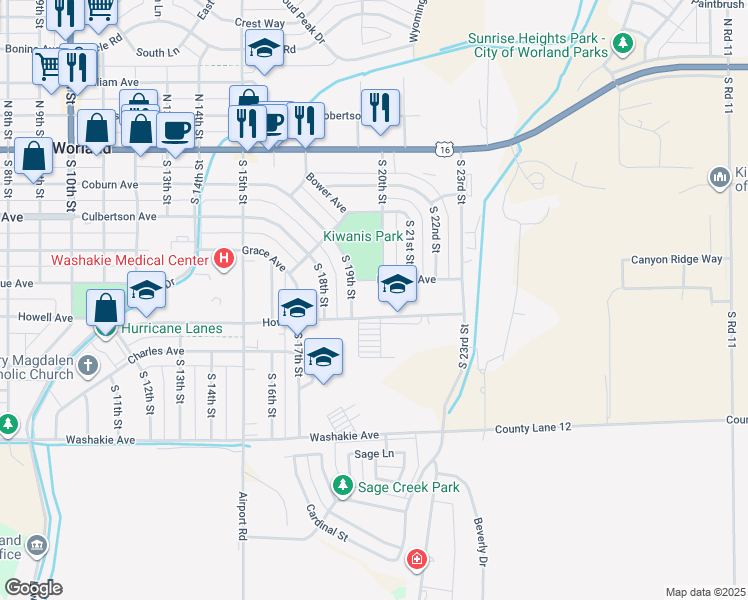 map of restaurants, bars, coffee shops, grocery stores, and more near 1900-1998 Howell Ave in Worland