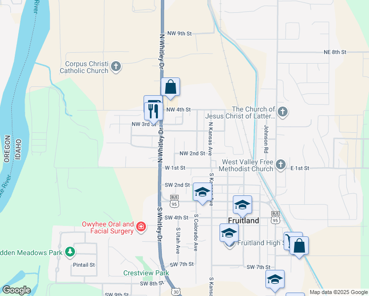map of restaurants, bars, coffee shops, grocery stores, and more near 616 Northwest 2nd Street in Fruitland