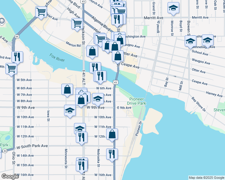 map of restaurants, bars, coffee shops, grocery stores, and more near 34 West 7th Avenue in Oshkosh